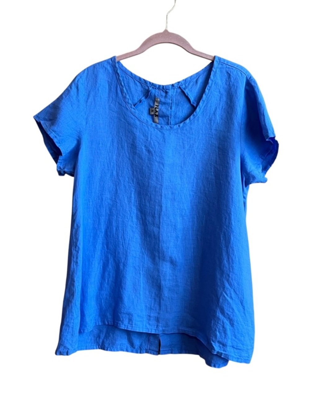 Flax Button Back Linen Tunic Lagenlook Oversized Short Sleeves Periwinkle Blue